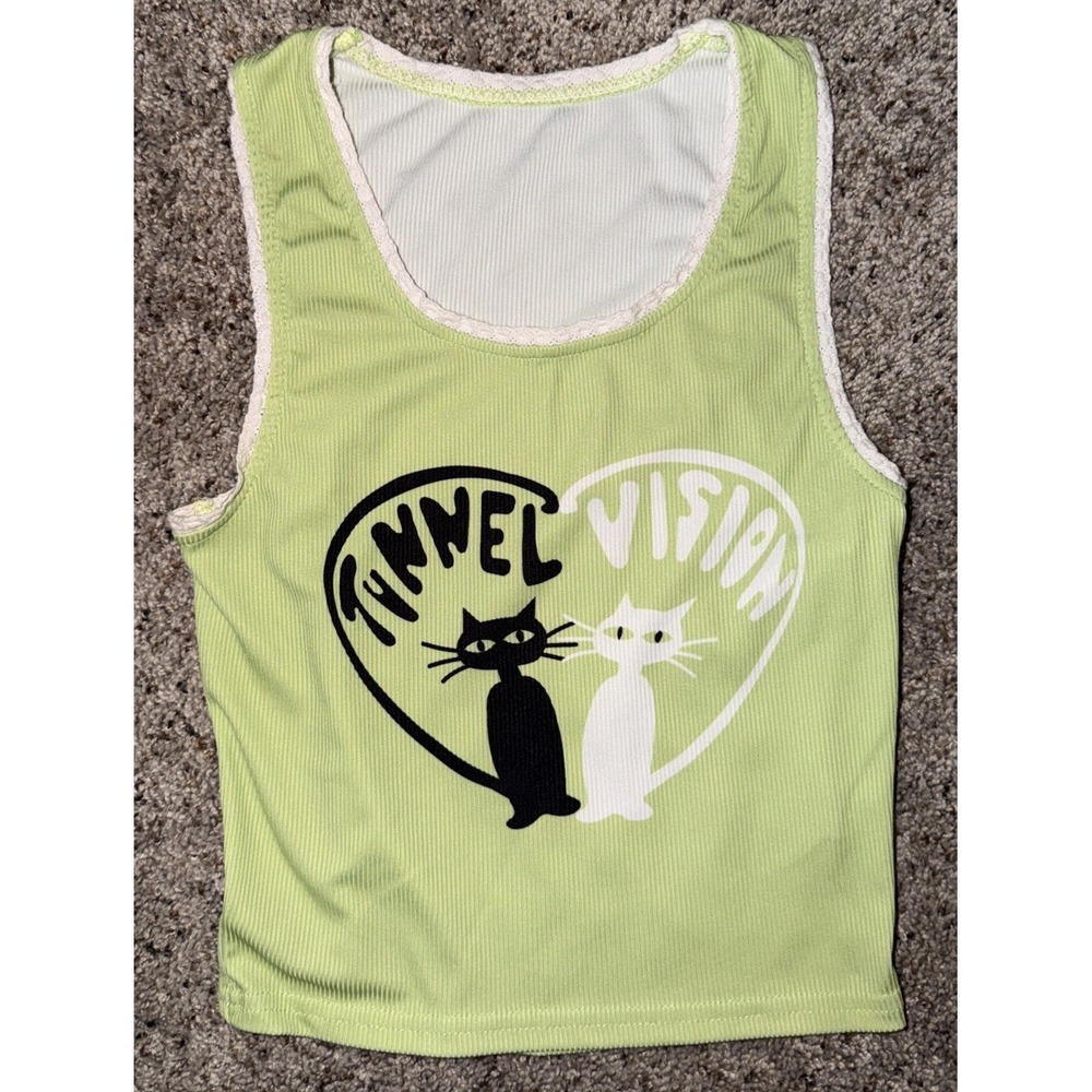 Y2K Tunnel Vision Black White Cat Heart Ribbed Crop Tank Top Lime Green Women's
